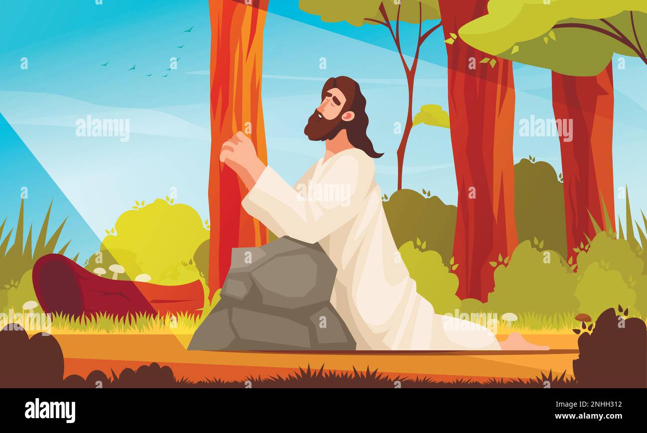 Children Bible cartoon scene with Jesus Christ praying outdoors vector ...