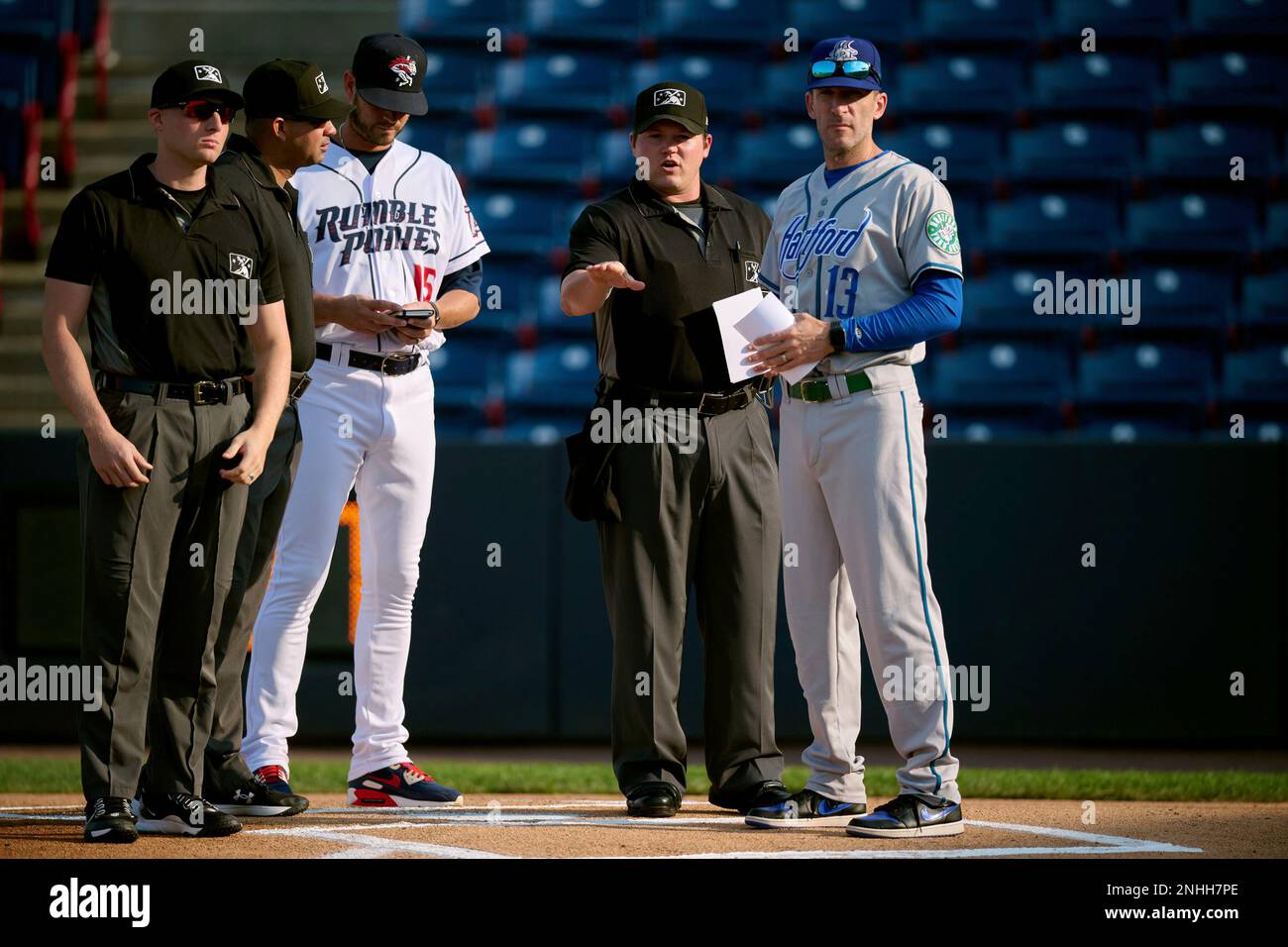 Hartford Yard Goats manager Chris Denorfia (13) and Binghamton Rumble