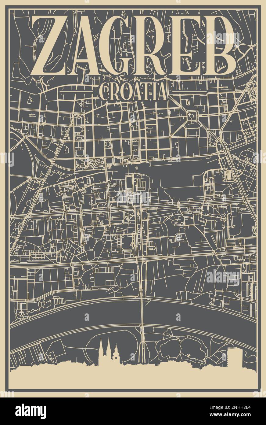 Road network poster of the downtown ZAGREB, CROATIA Stock Vector