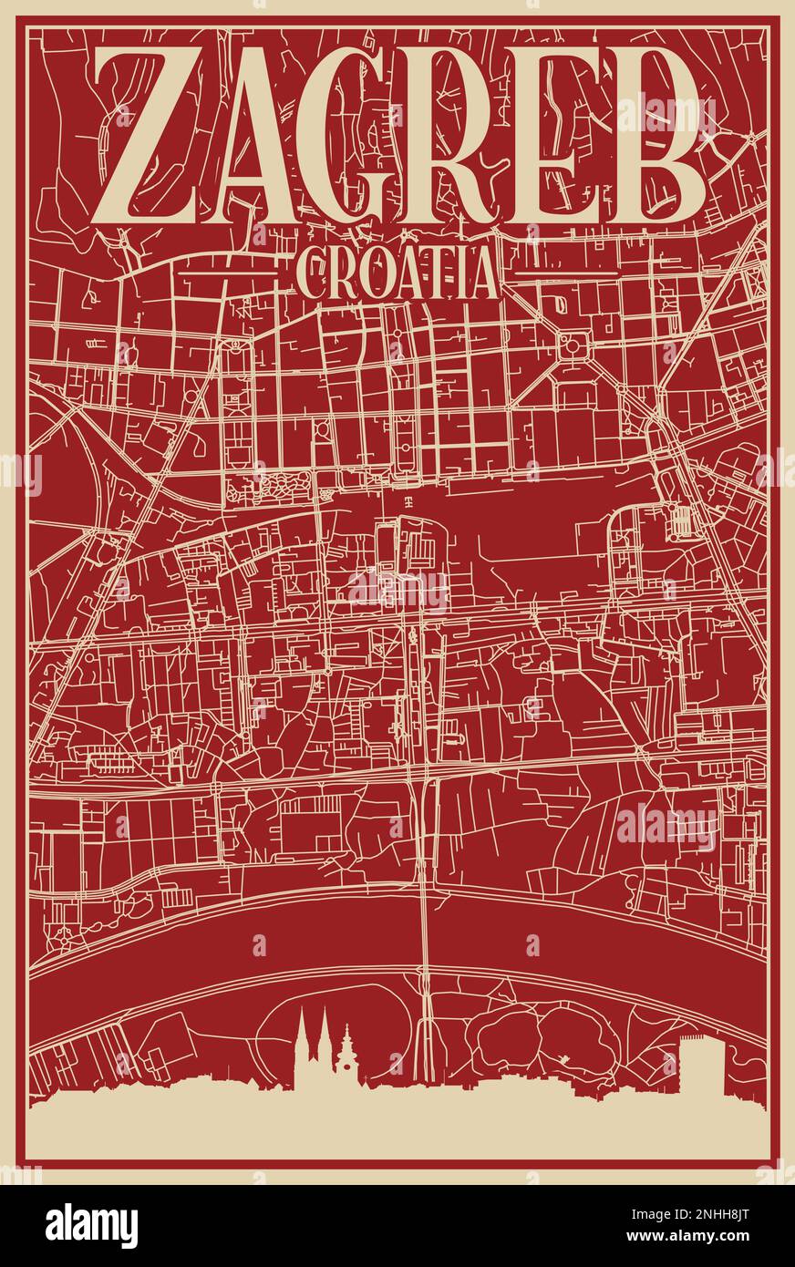 Road network poster of the downtown ZAGREB, CROATIA Stock Vector