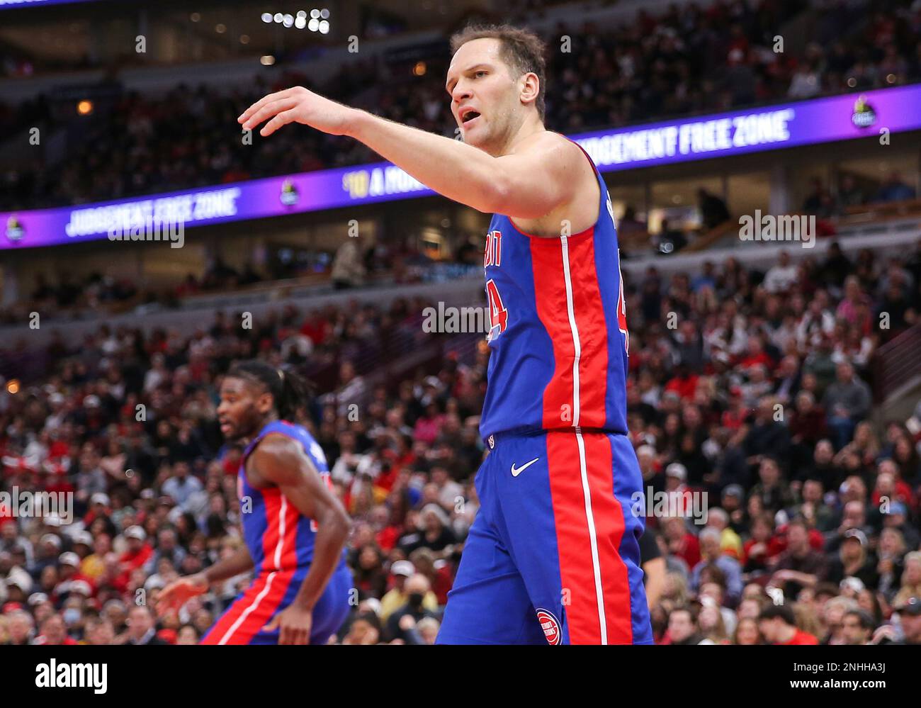 CHICAGO, IL - DECEMBER 30: Detroit Pistons Forward Bojan Bogdanovic (44)  reacts to a no call during a NBA game between the Detroit Pistons and the  Chicago Bulls on December 30, 2022