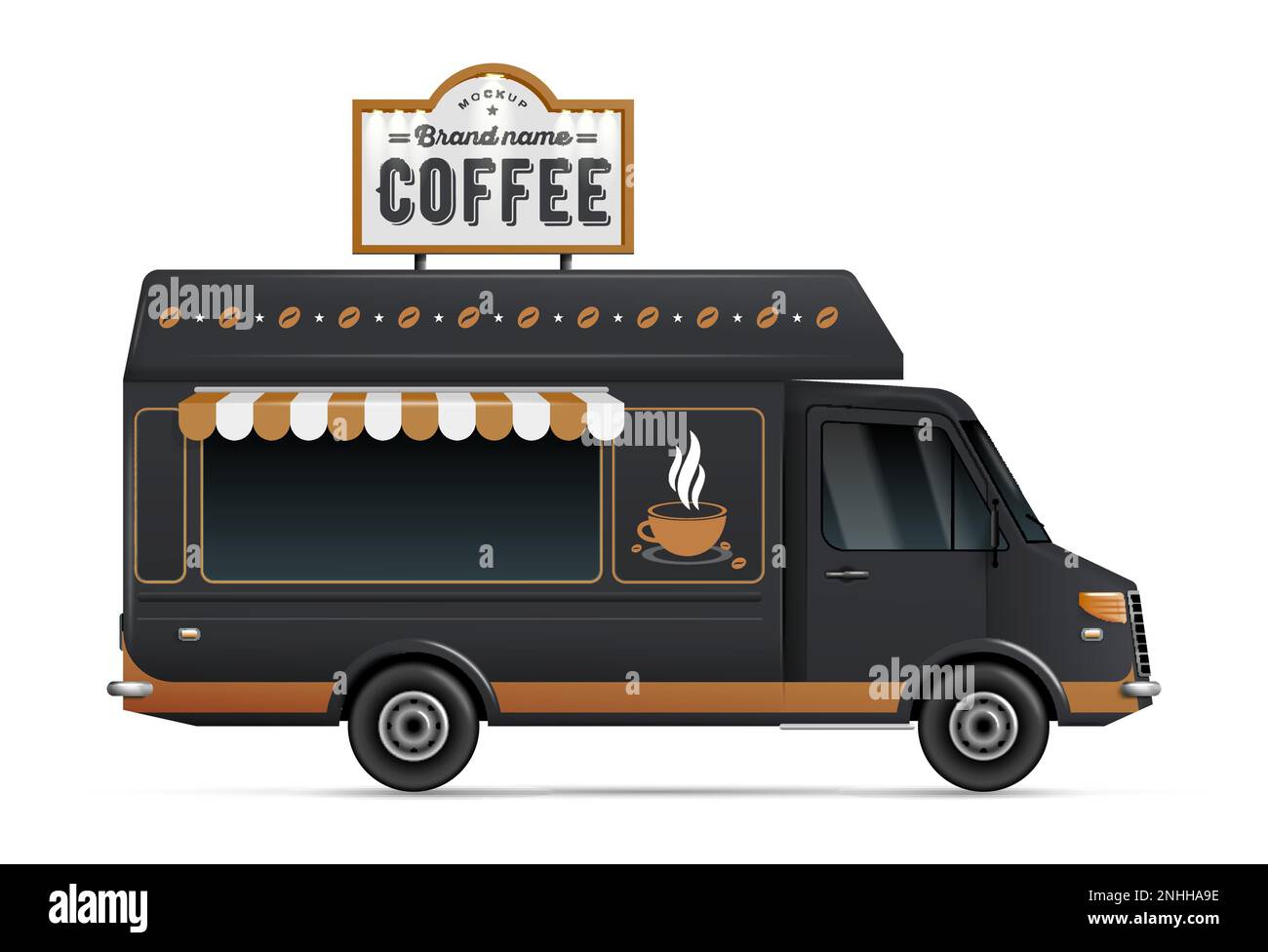 Realistic black coffee shop food truck mockup side view vector illustration Stock Vector