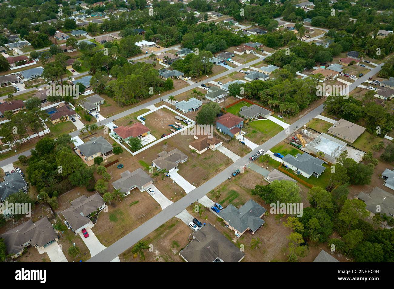 Aerial landscape view of suburban private houses between green palm ...
