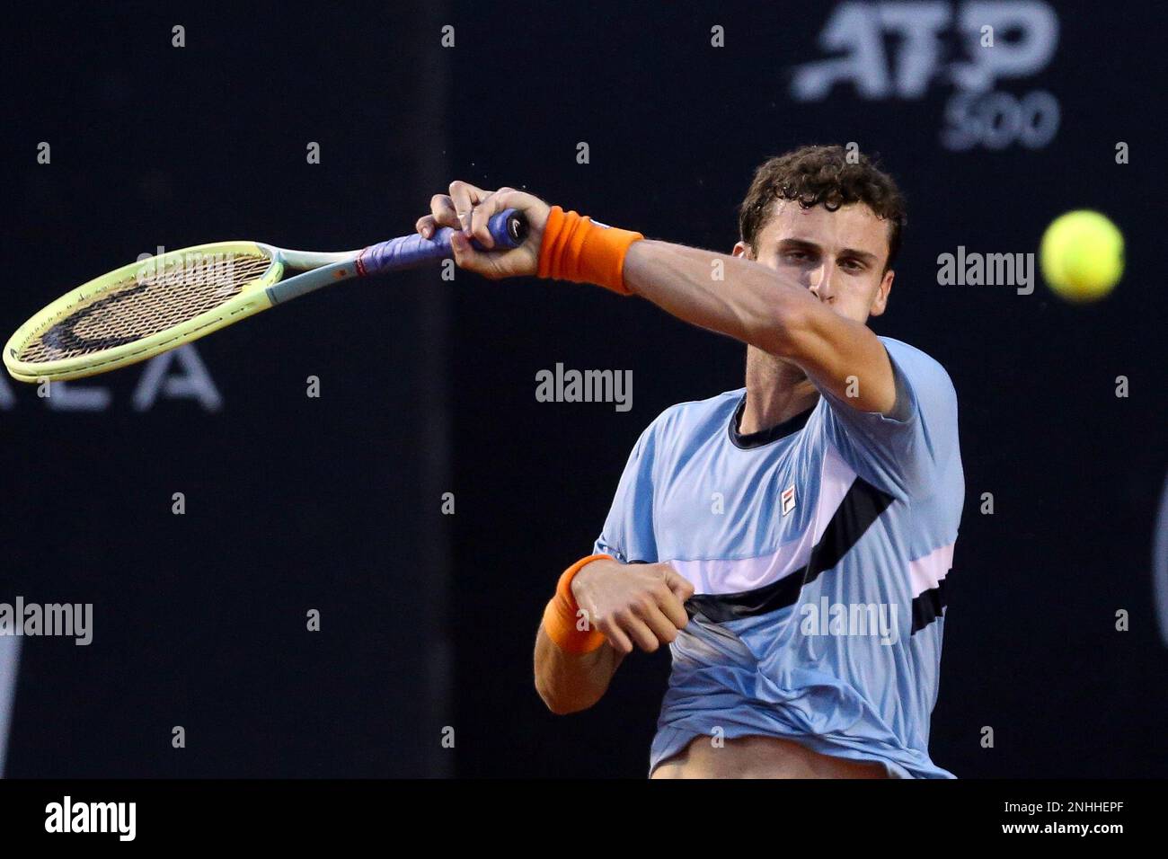 Rio De Janeiro, Brazil . 21st February 2023; Jockey Club Brasileiro, Rio,  Brazil: ATP 500 Rio Open, Day 2; Juan Manuel Cerundolo (ARG) returns  against Cameron Norrie (GBR) Credit: Action Plus Sports