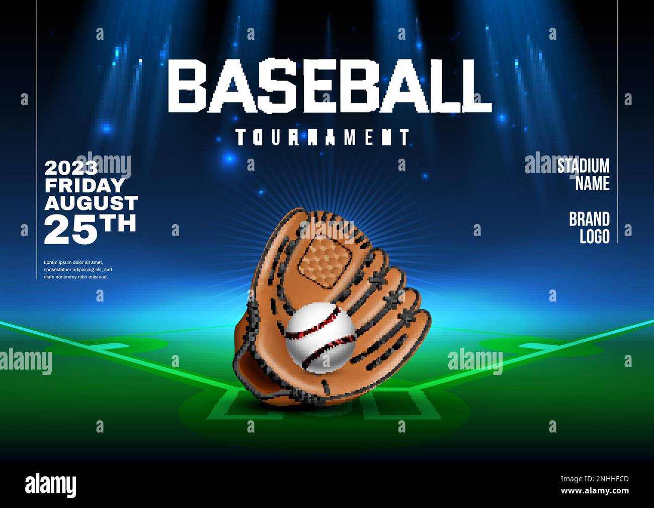 Realistic baseball tournament poster template with glove and ball on
