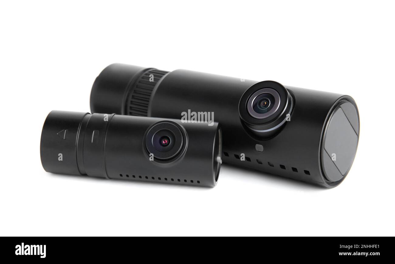 Black modern car cameras isolated on white Stock Photo Alamy
