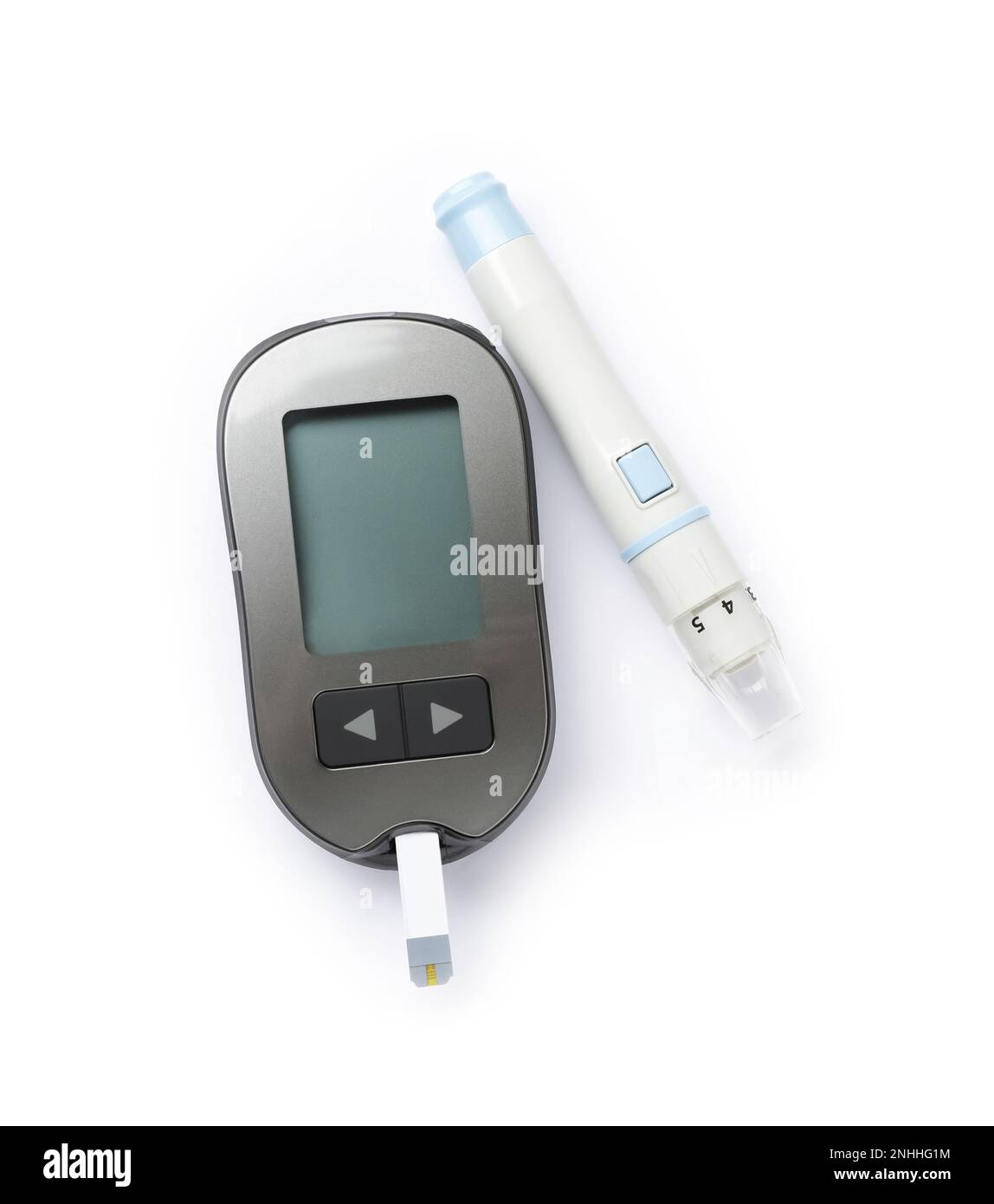 Modern with test strip and lancet pen on white background