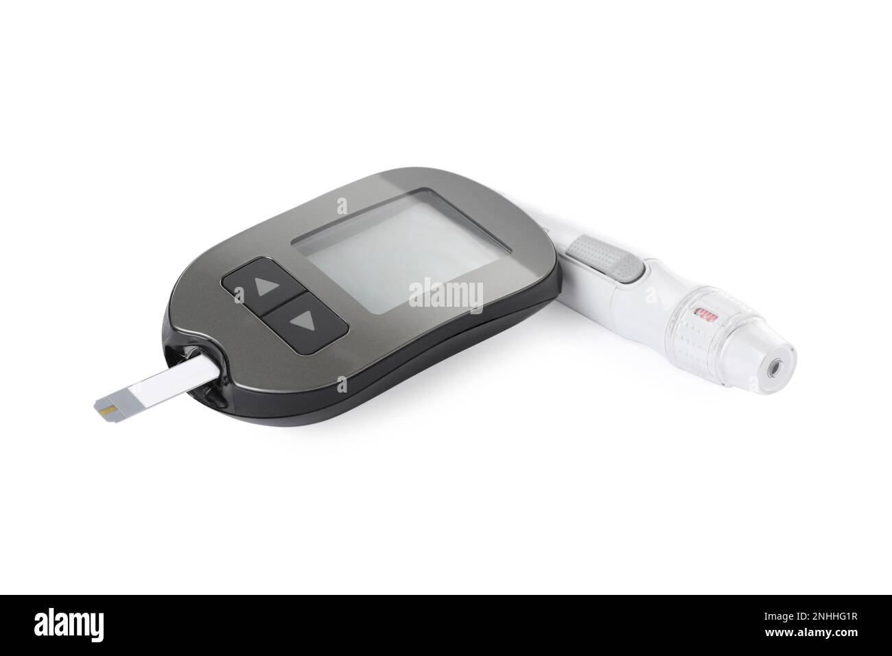 Digital glucometer and lancet pen on white background Stock Photo - Alamy