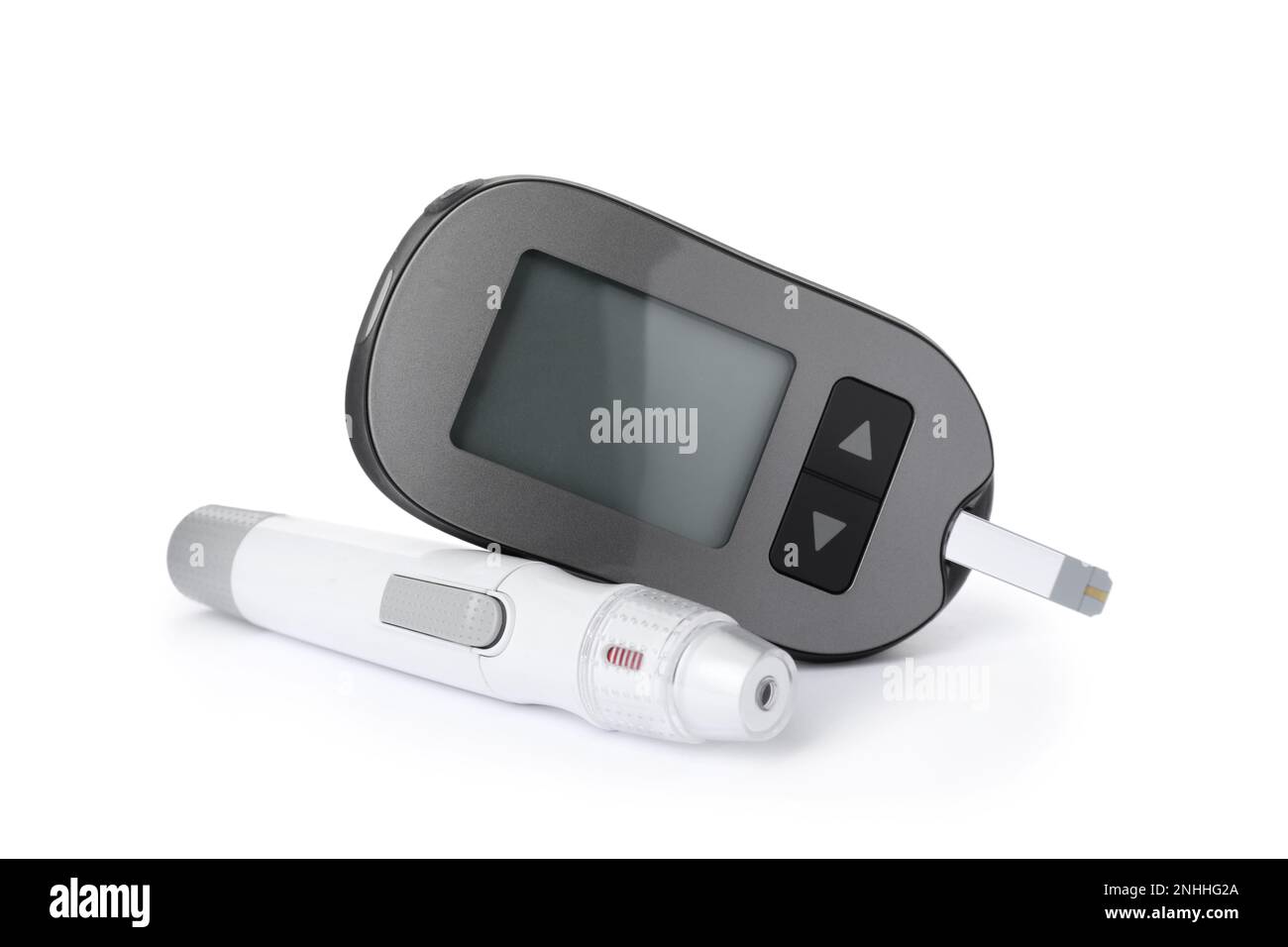 Digital glucometer and lancet pen on white background Stock Photo - Alamy