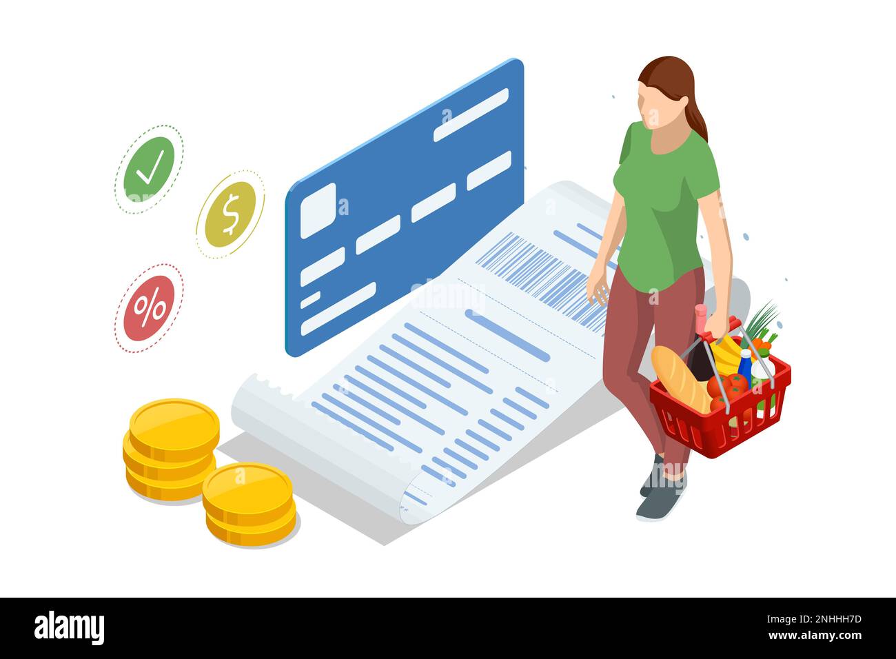 Isometric checking a grocery receipt, grocery shopping and expenses