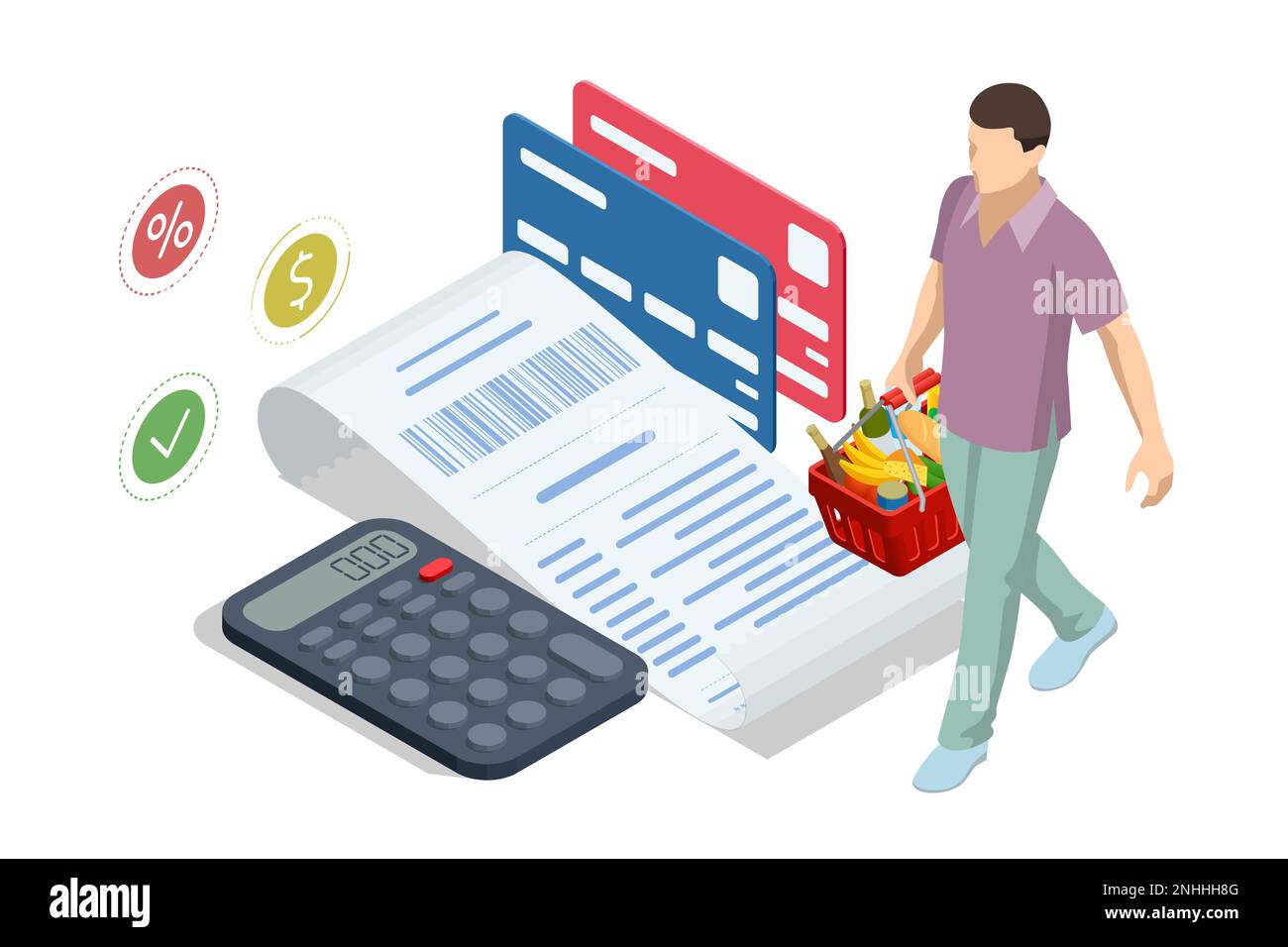 Isometric checking a grocery receipt, grocery shopping and expenses