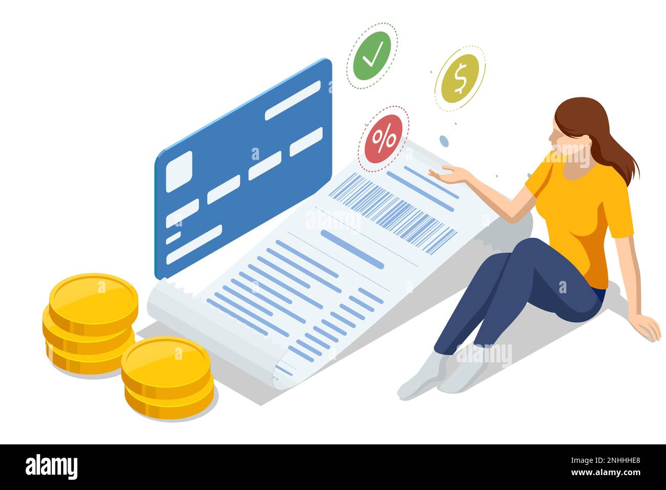Isometric checking a grocery receipt, grocery shopping and expenses