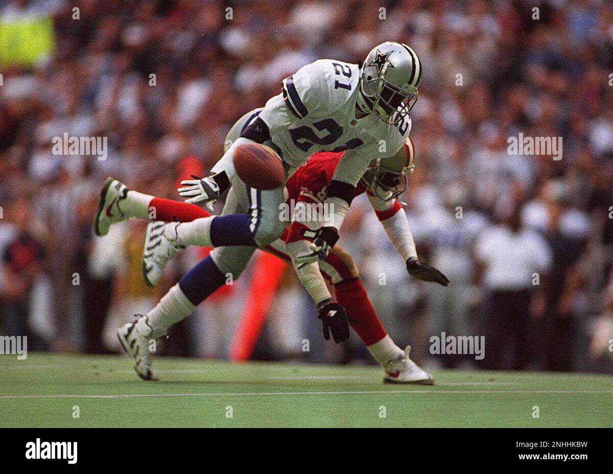 DALLAS DEION /C/09NOV95/SP/MACOR DEION SANDERS AND JERRY RICE BATTLE FOR  THE BALL THAT FELL INCOMPLETE IN THE THIRD QUARTER. CHRONICLE PHOTO:  MICHAEL MACOR (MICHAEL MACOR/San Francisco Chronicle via AP Stock Photo 