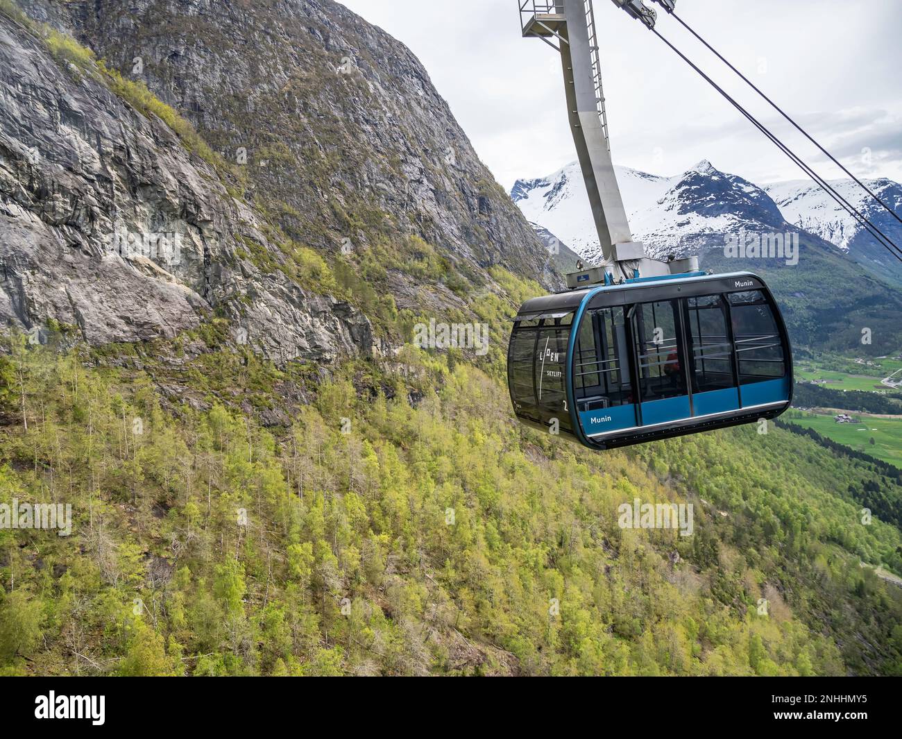 A view of the aerial tramway Loen Skylift with Mt. Hoven in the background above Nordfjord in Stryn, Norway. Stock Photo