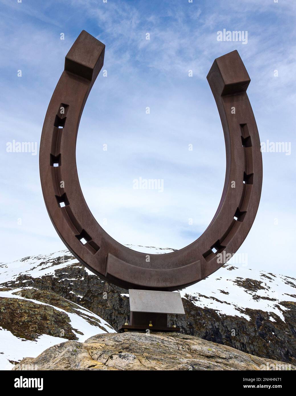 A view of a lucky horseshoe from the aerial tramway Loen Skylift from Mt. Hoven above Nordfjord in Stryn, Norway. Stock Photo