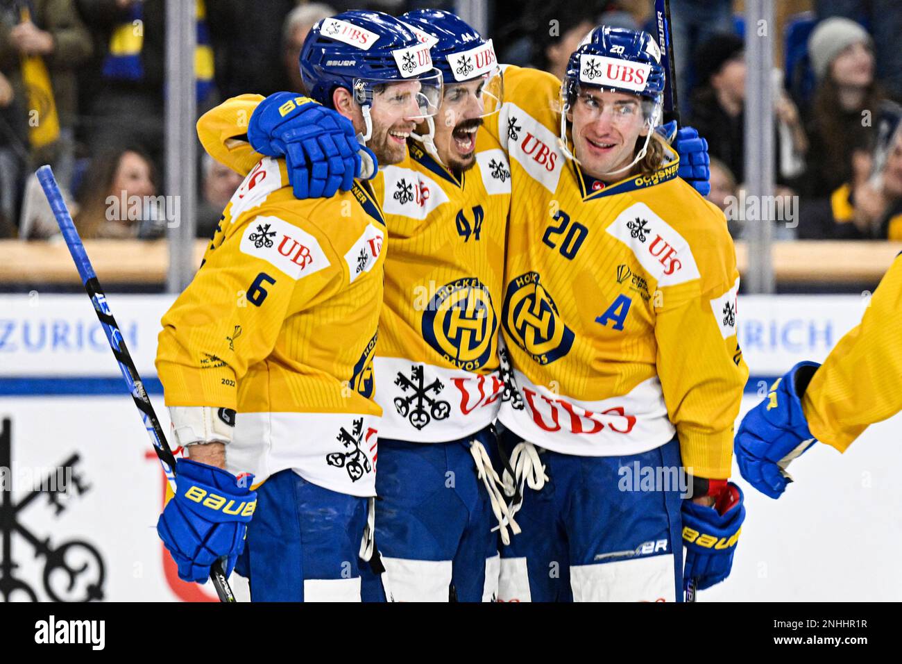 From left, Davos Klas Dahlbeck, Matej Stransky and Michael Fora celebrate scoring during the 94th Spengler Cup ice hockey match between Czech Republics HC Sparta Praha and Switzerlands HC Davos, in Davos,