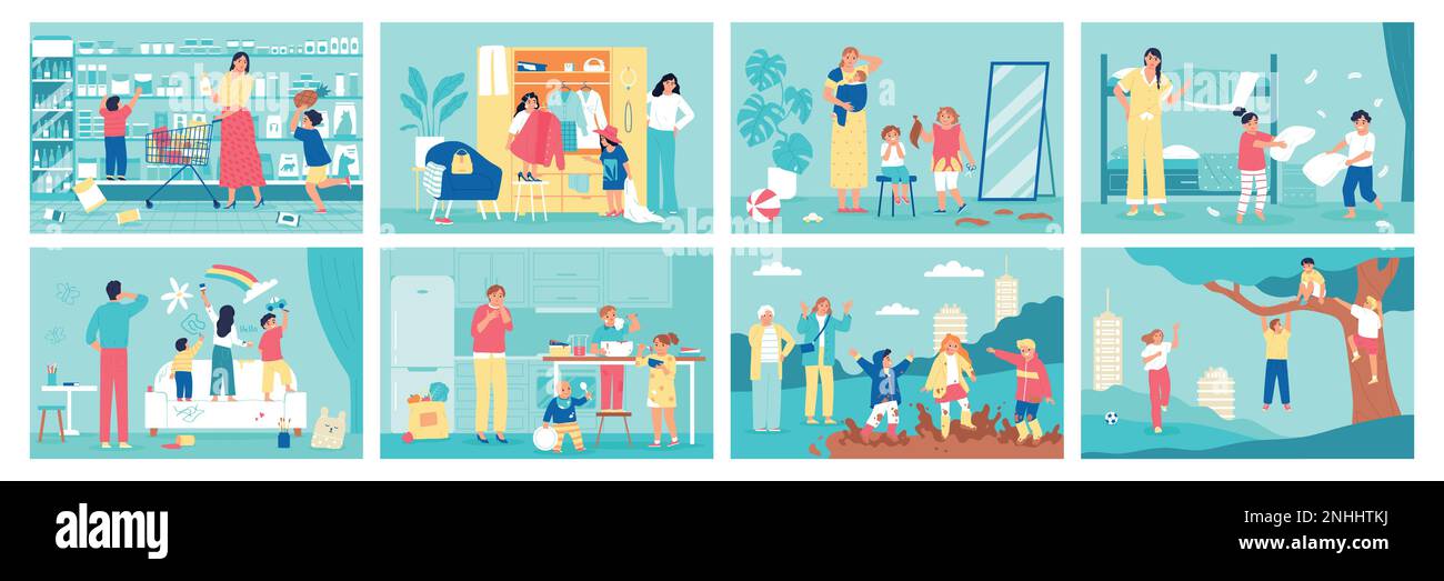 Childhood pranks set of flat horizontal posters with naughty playful children and angry parents in different situations isolated vector illustration Stock Vector