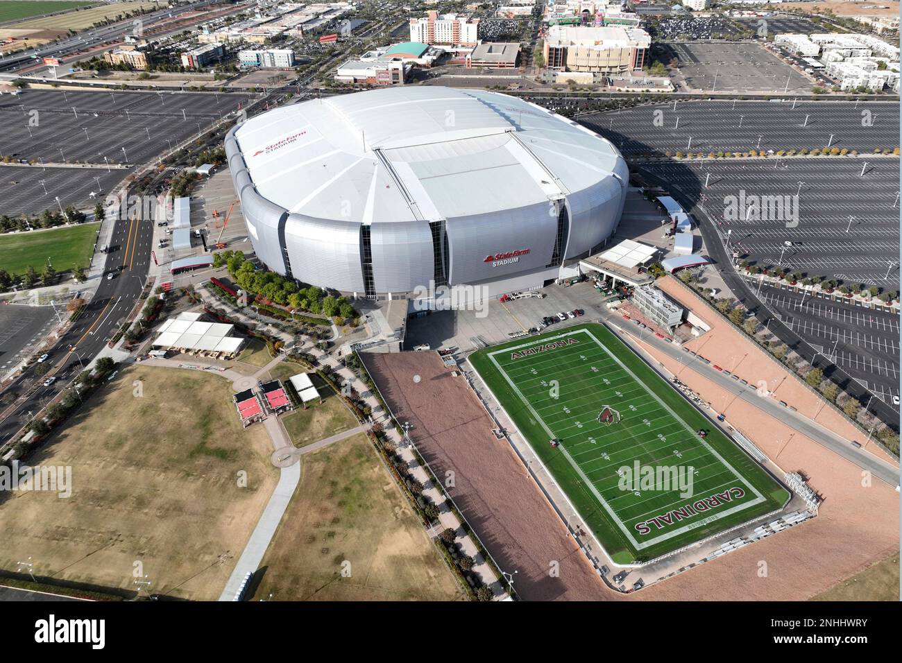 A general overall aerial view of State Farm Stadium and retractable