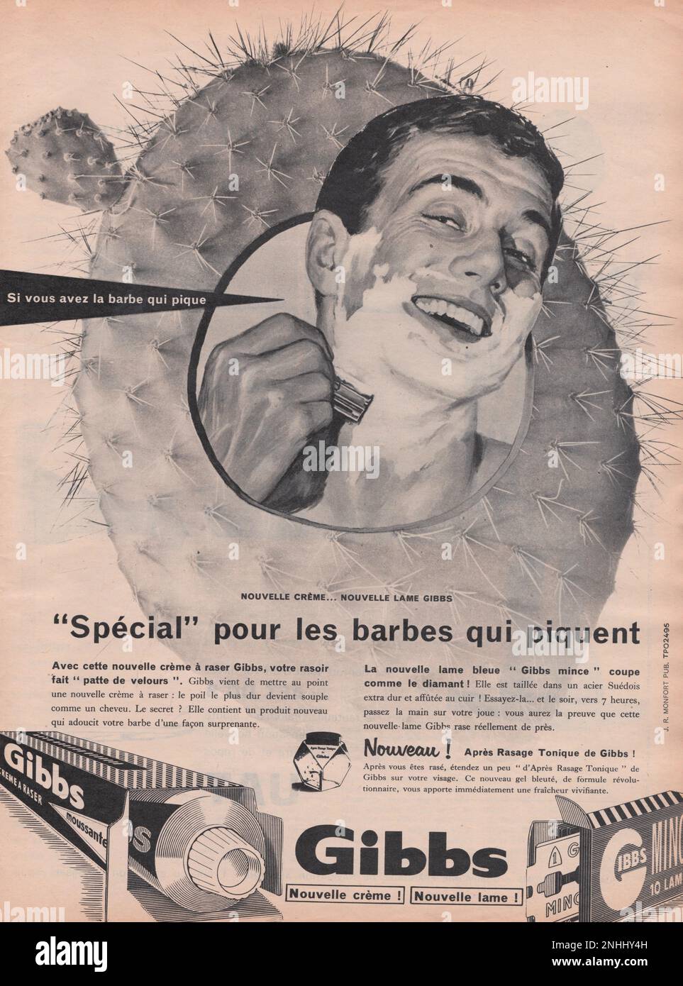 Black and white Gibbs creme raser advertisement Gibbs shaving cream vintage French advertisement 1960s Stock Photo