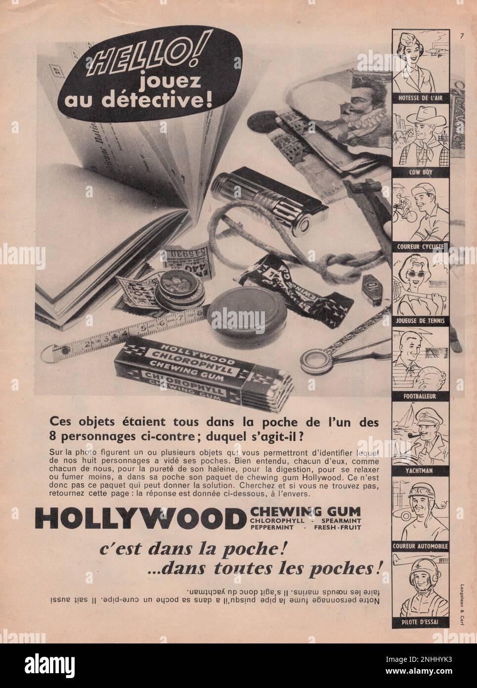 French commercial of Hollywood chewing gum Hollywood chewing gum vintage French magazine advertisement, 1959, old Hollywood chewing gum advert Stock Photo