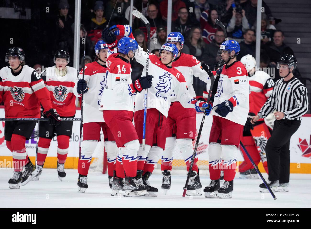 Czechia's Jiri Kulich, third from right, celebrates a goal with teammates  against Austria during the first period of an IIHF world junior hockey  championships game in Halifax, Nova Scotia, Tuesday, Dec. 27,