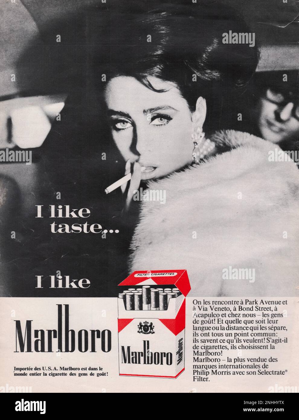 Marlboro vintage French magazine advert Woman smoking Marlboro ciarettes I like taste I like Marlboro red Marlboro cigarettes Marlboro publicite Stock Photo