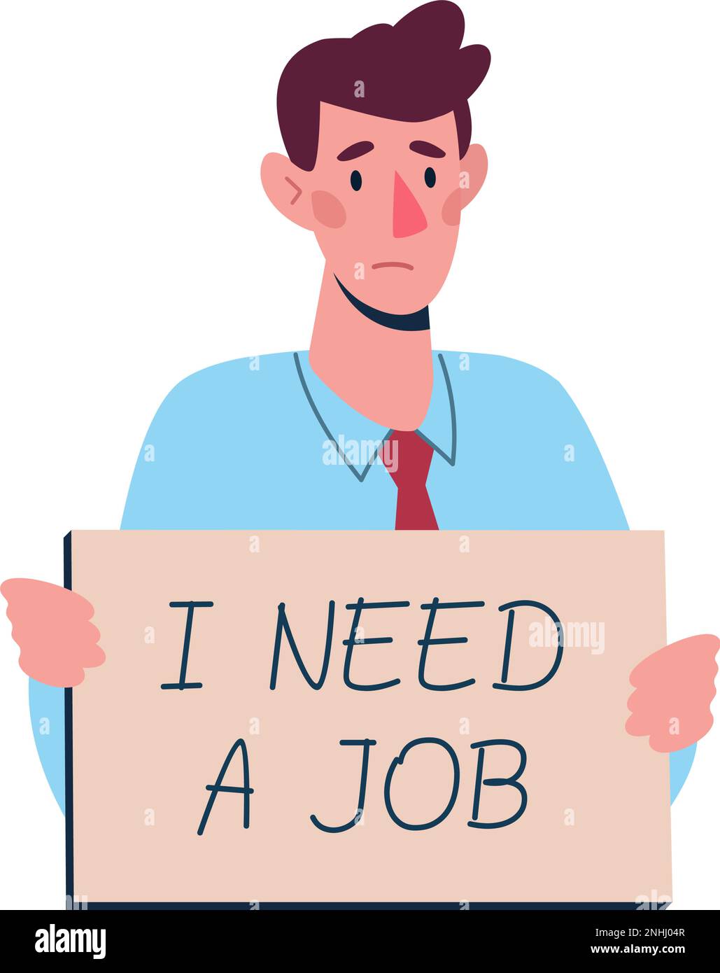 Dismissed man looking for work. Job loss, unemployment because of the economic downturn, robotization, crisis. Worker with a tablet in hands I need work. Vector flat, .cartoon character. Stock Vector