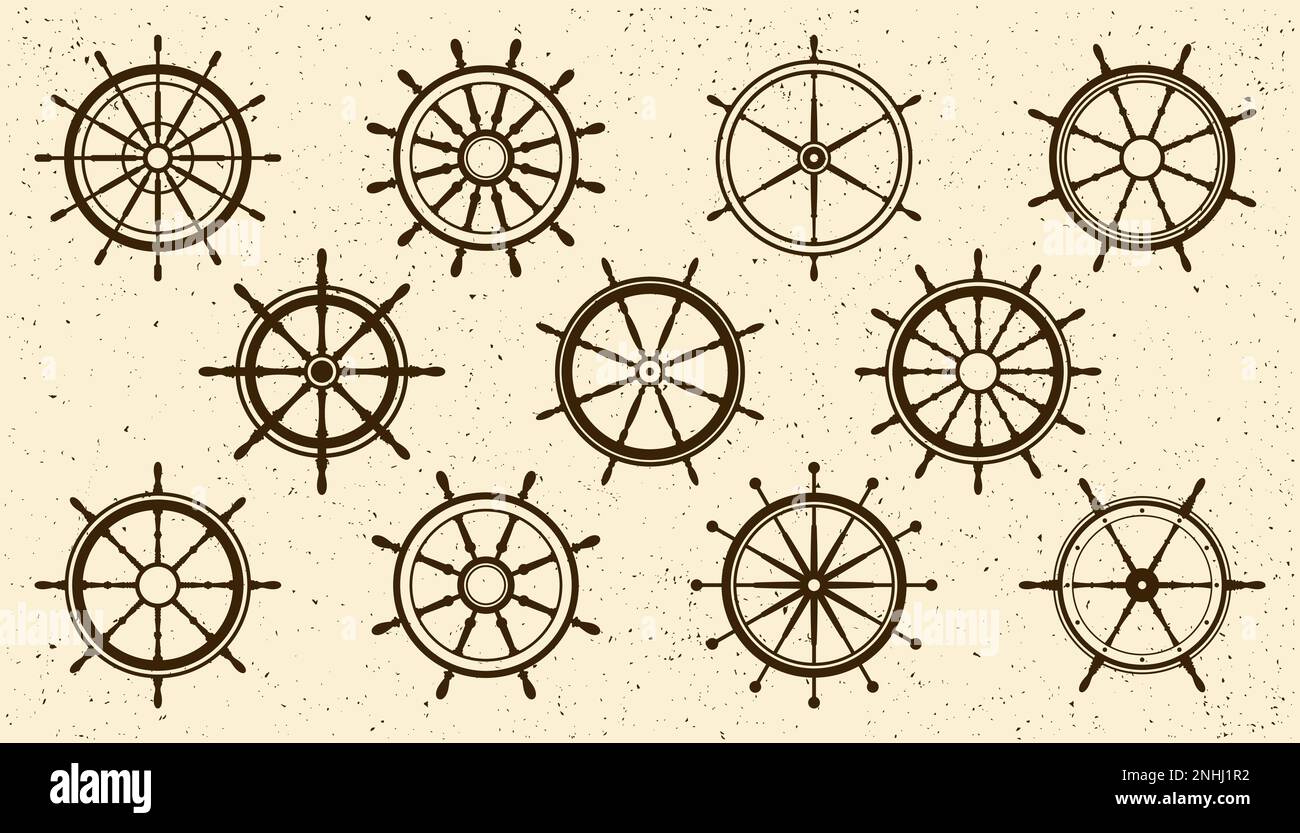 Collection of grunge vintage steering wheels. Ship, yacht retro wheel ...