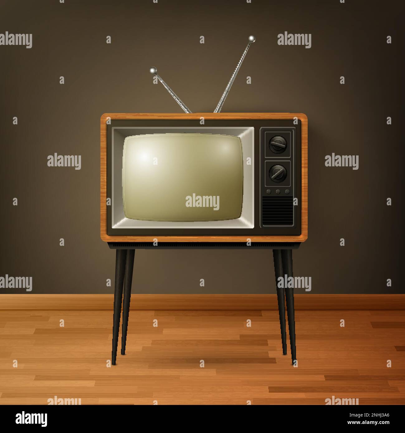 Vector 3d Realistic Brown Wooden Retro TV Receiver on Wooden Floor. Home Interior Design Concept. Vintage TV Set, Television, Front View Stock Vector