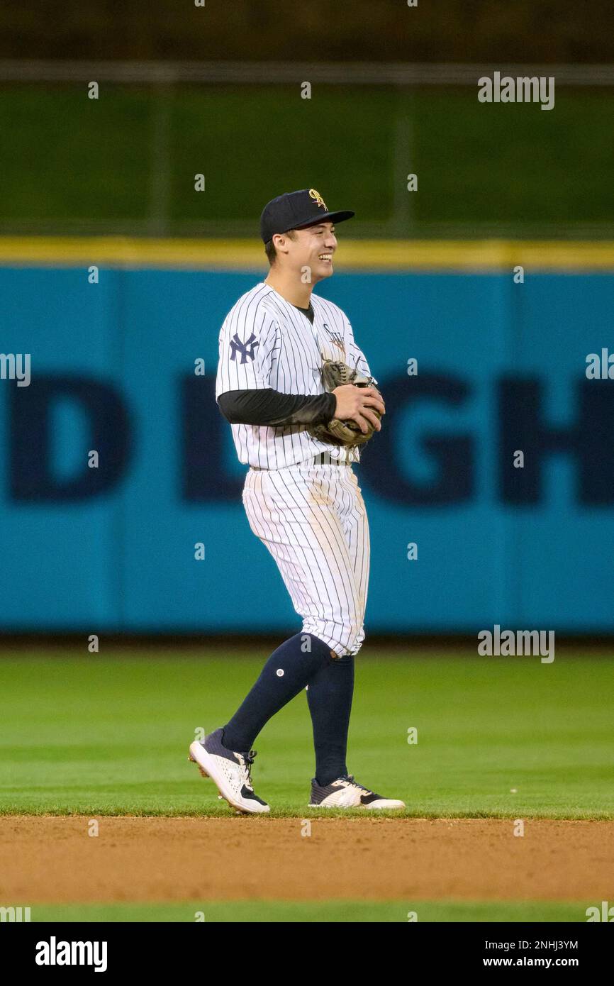 Scranton/Wilkes-Barre RailRiders shortstop Anthony Volpe (7) during warmups  before an International League baseball game against the Buffalo Bisons on  September 26, 2022 at PNC Field in Moosic, Pennsylvania. (Mike Janes/Four  Seam Images