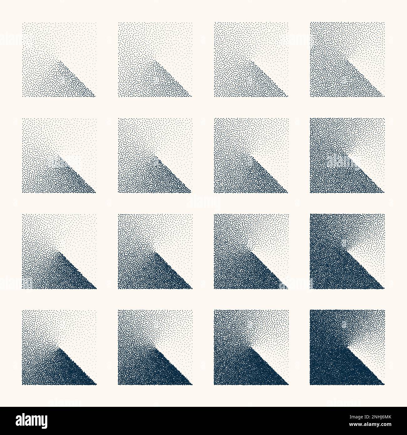 Square shaped dotted objects, vintage stipple elements. Stippling, dotwork drawing shading using dots. Halftone disintegration effect. White noise Stock Vector