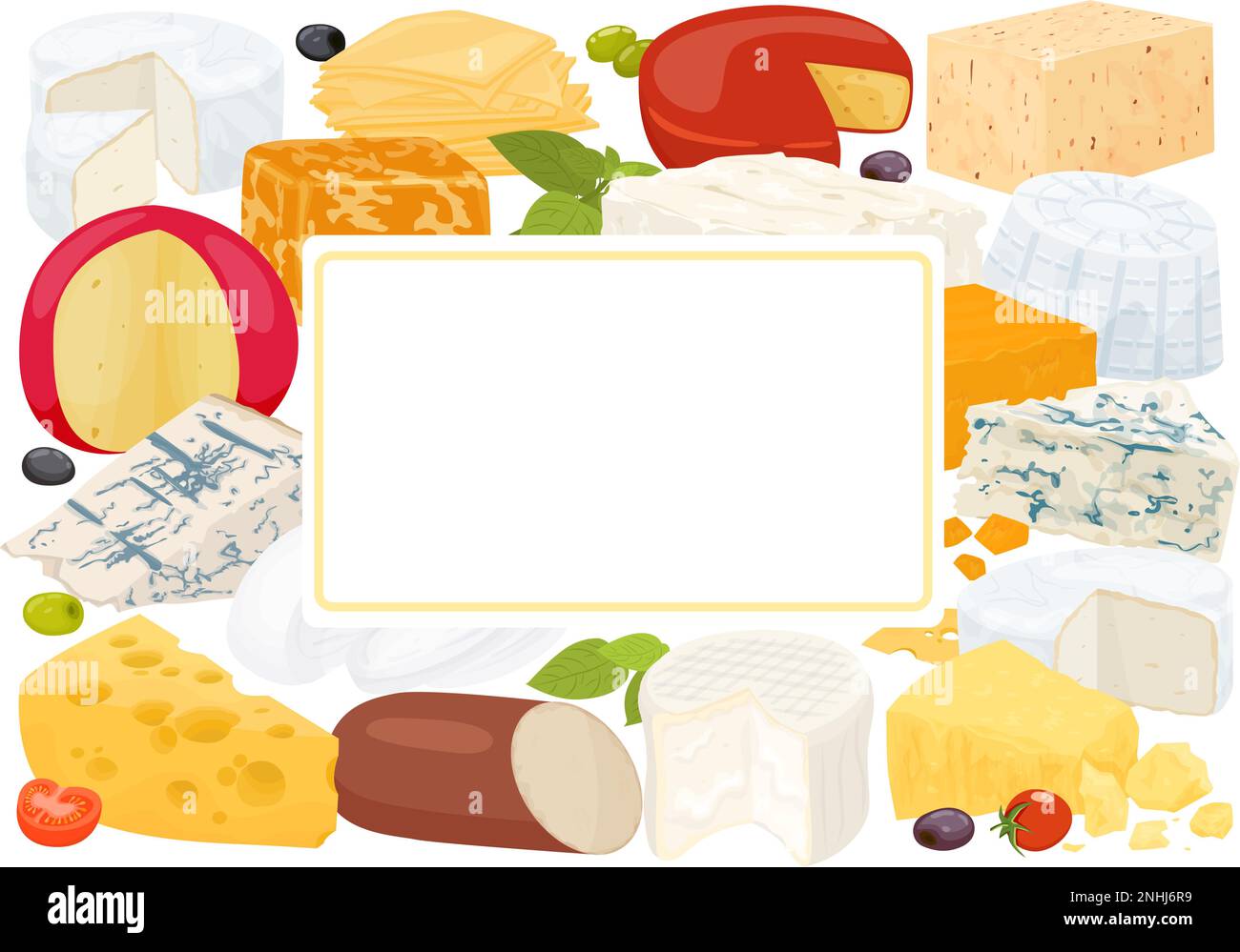 Cheese flat colored composition different types of cheeses and label at the center and place for text vector illustration Stock Vector