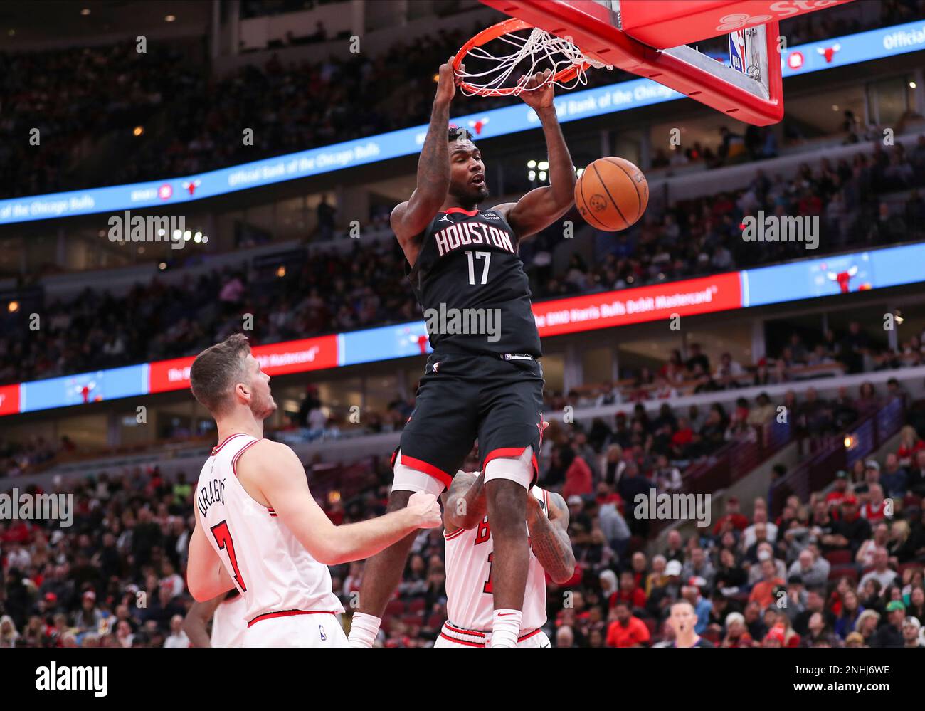 CHICAGO, IL - DECEMBER 26: Houston Rockets Forward Tari Eason (17) slam dunk  the ball in action during a NBA game between the Houston Rockets and the  Chicago Bulls on December 26