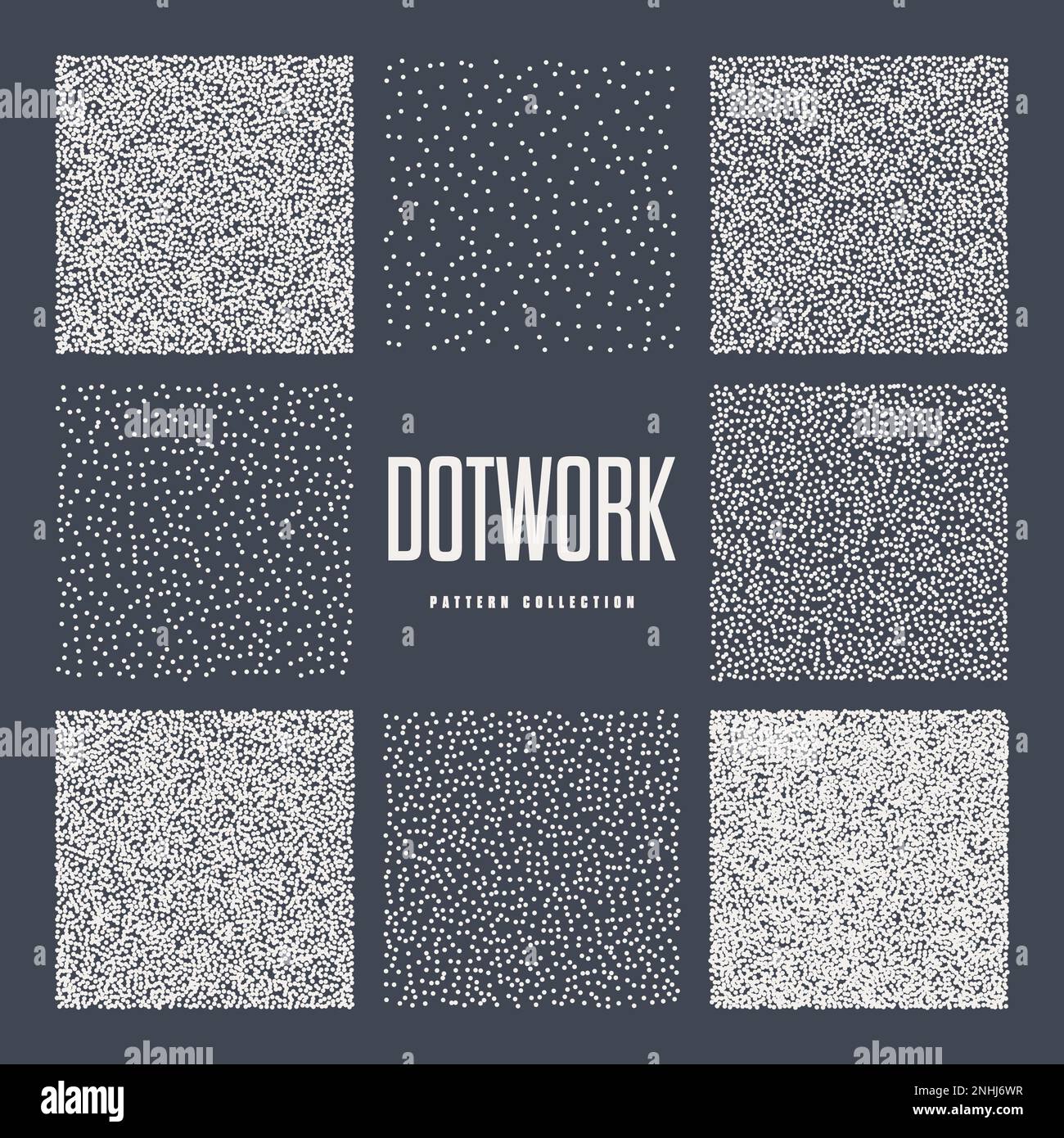 Square shaped dotted objects, stipple elements. Stippling, dotwork drawing, shading using dots. Pixel disintegration, halftone effect. White noise Stock Vector