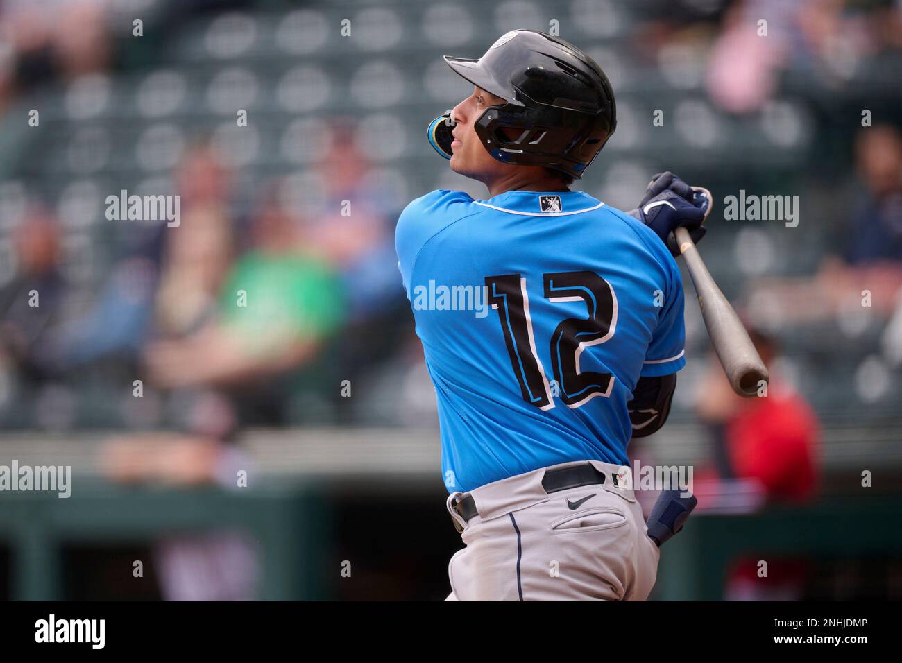 Akron RubberDucks Bo Naylor (12) bats during an Eastern League baseball