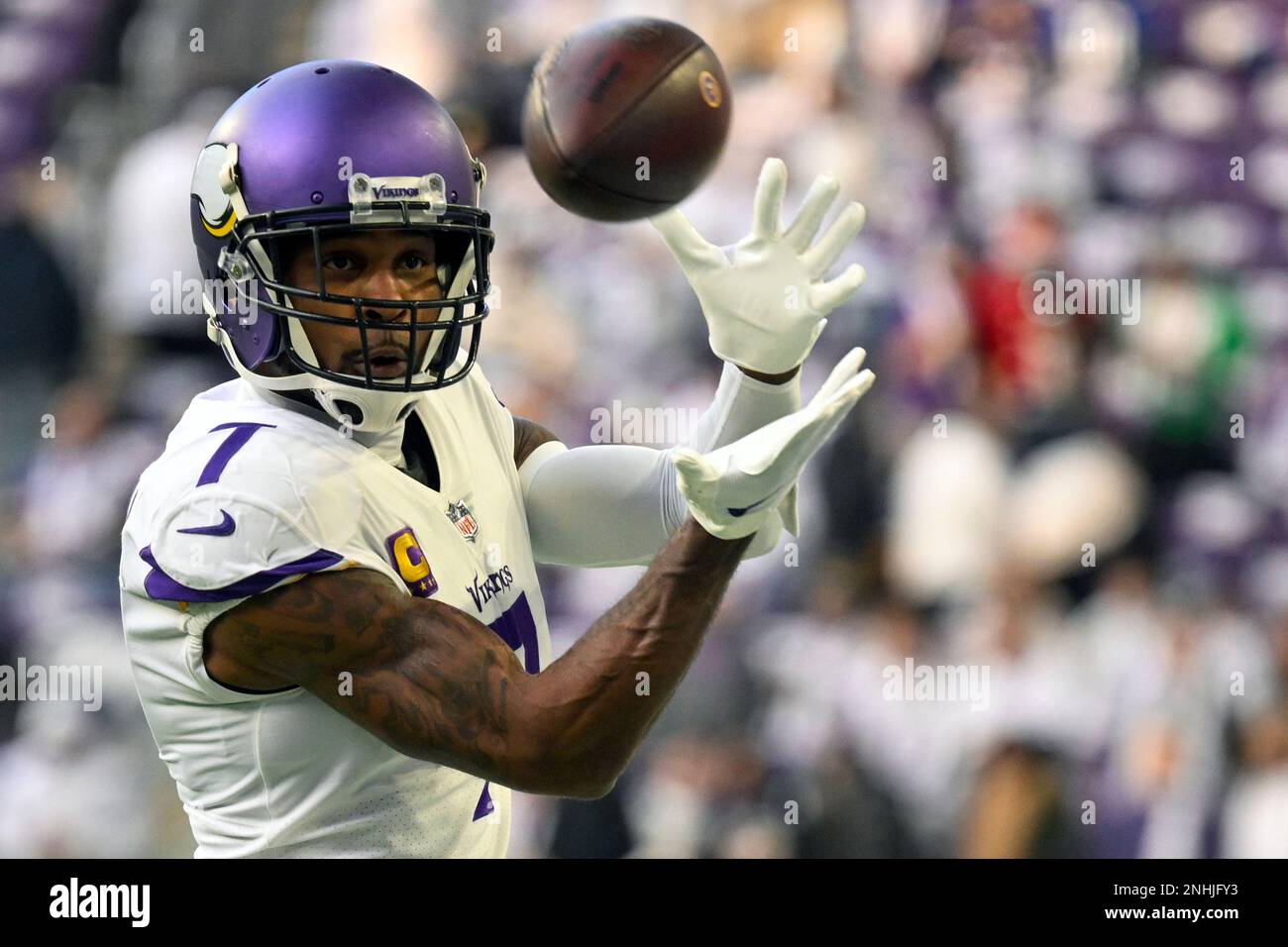 MINNEAPOLIS, MN - DECEMBER 24: Minnesota Vikings cornerback Patrick  Peterson (7) warms up before before a game between the Minnesota Vikings  and New York Giants on December 24, 2022, at U.S. Bank