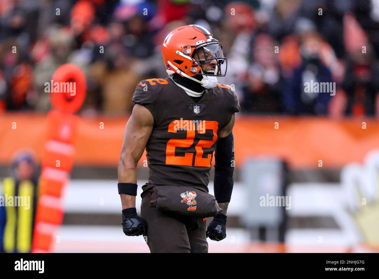 CLEVELAND, OH - DECEMBER 24: Cleveland Browns safety Grant Delpit (22)  celebrates after making a tackle during the third quarter of the National  Football League game between the New Orleans Saints and