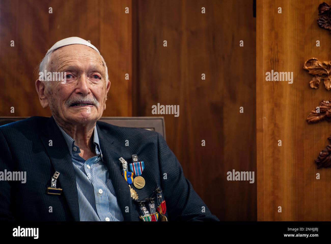 U.S. Army Air Corps 1st Lt. Gerald Teldon, retired, was recognized for his honorable service as a pilot on July 29, 2022, at the Chabad Center for Jewish Life and Learning, San Antonio, Texas. Teldon, born in Bronx, N.Y., in 1924, joined the military in 1944. He completed 62 missions during WWII and the Korean War. Lt. Col. Andrew Stein, 502nd Operations Support Squadron commander, was the presiding officers. The awards presented to Teldon are as follows: the Air Medal; American Campaign Medal; European – African – Middle Eastern Campaign Medal; World War II Victory Medal; National Defense Med Stock Photo