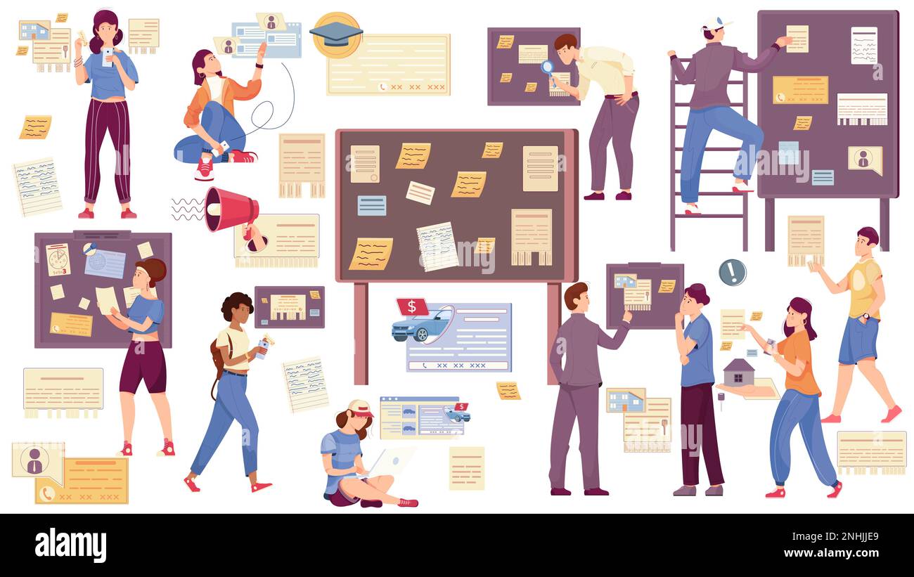 Bulletin board icons set with advertisement symbols flat isolated vector illustration Stock