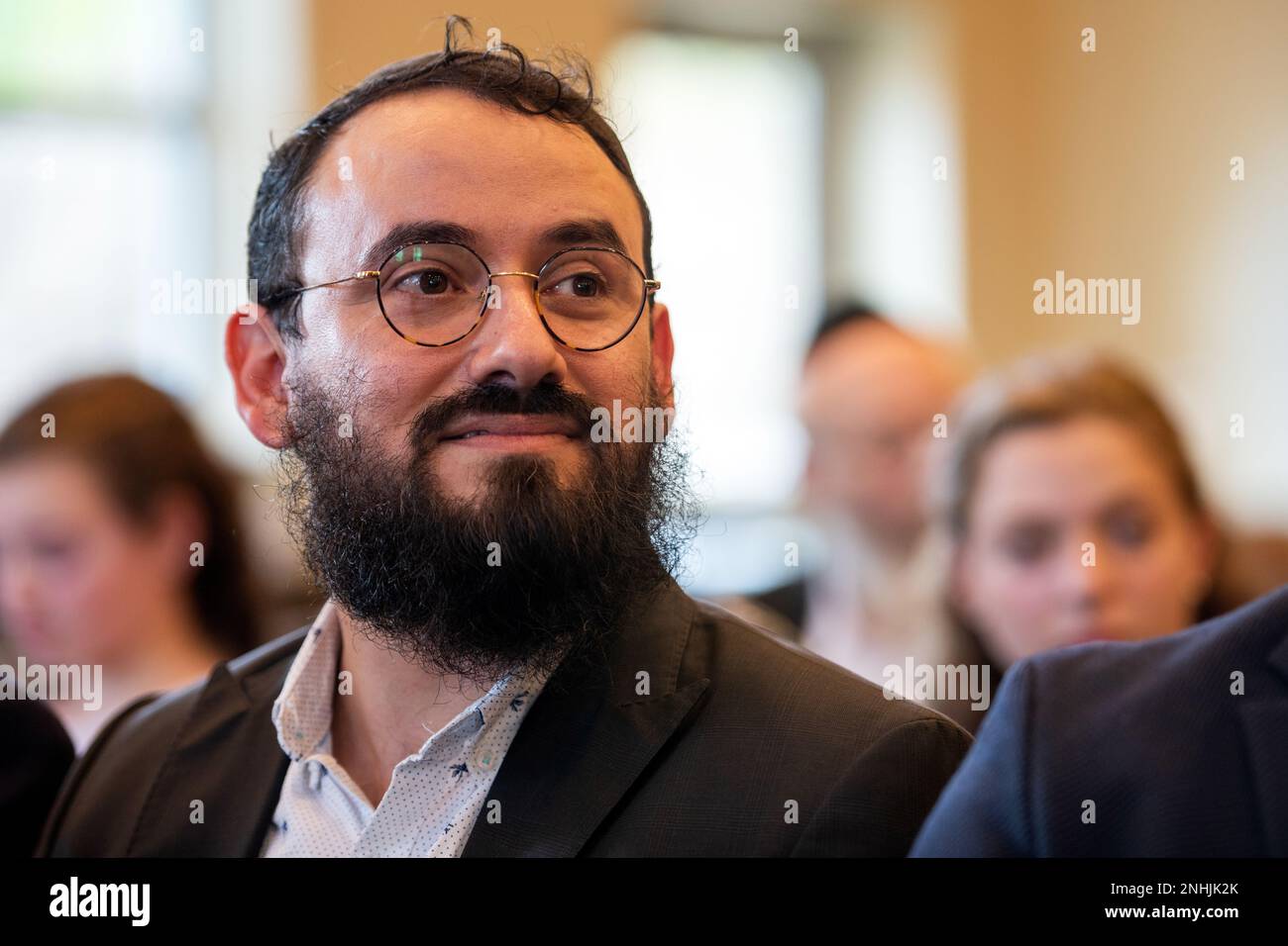 Rabbi Zalman Teldon attends the awards ceremony of his grandfather, U.S. Army Air Corps 1st Lt. Gerald Teldon, retired, recognizing his honorable service as a pilot on July 29, 2022, at the Chabad Center for Jewish Life and Learning, San Antonio, Texas. Teldon, born in Bronx, N.Y., in 1924, joined the military in 1944. He completed 62 missions during WWII and the Korean War. Lt. Col. Andrew Stein, 502nd Operations Support Squadron commander, was the presiding officers. The awards presented to Teldon are as follows: the Air Medal; American Campaign Medal; European – African – Middle Eastern Cam Stock Photo