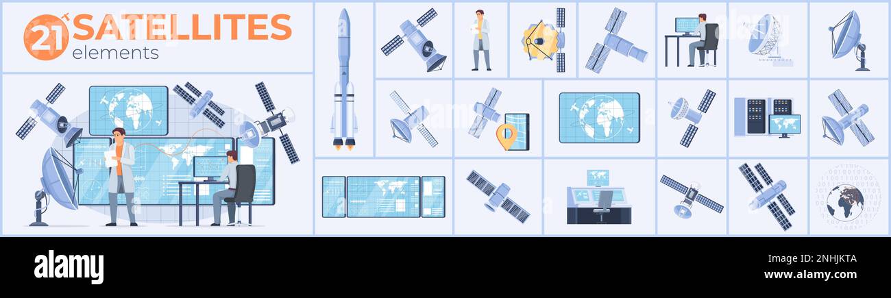 Satellites composition set with broadcast and shuttle symbols flat isolated vector illustration Stock Vector