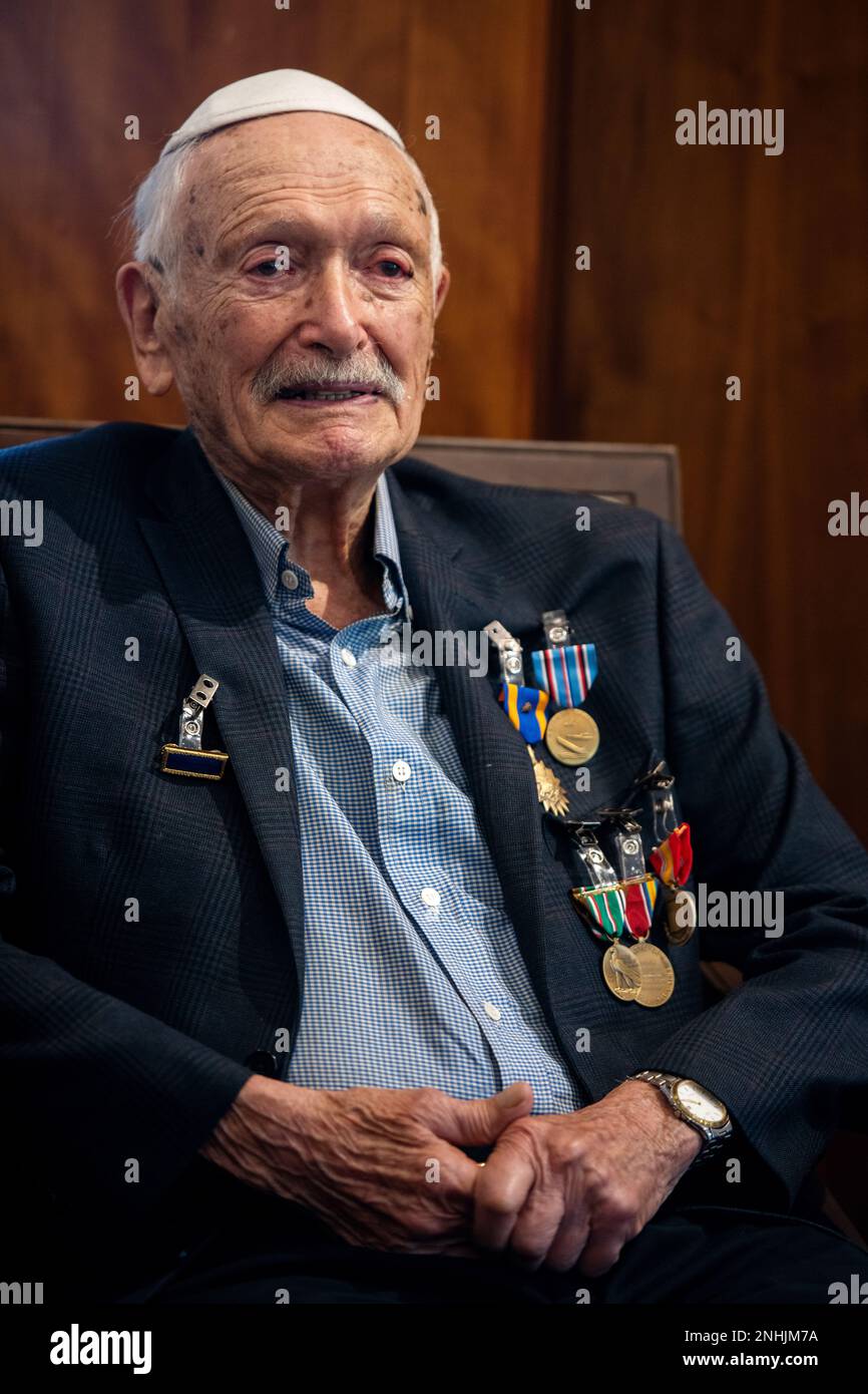U.S. Army Air Corps 1st Lt. Gerald Teldon, retired, was recognized for his honorable service as a pilot on July 29, 2022, at the Chabad Center for Jewish Life and Learning, San Antonio, Texas. Teldon, born in Bronx, N.Y., in 1924, joined the military in 1944. He completed 62 missions during WWII and the Korean War. Lt. Col. Andrew Stein, 502nd Operations Support Squadron commander, was the presiding officers. The awards presented to Teldon are as follows: the Air Medal; American Campaign Medal; European – African – Middle Eastern Campaign Medal; World War II Victory Medal; National Defense Med Stock Photo