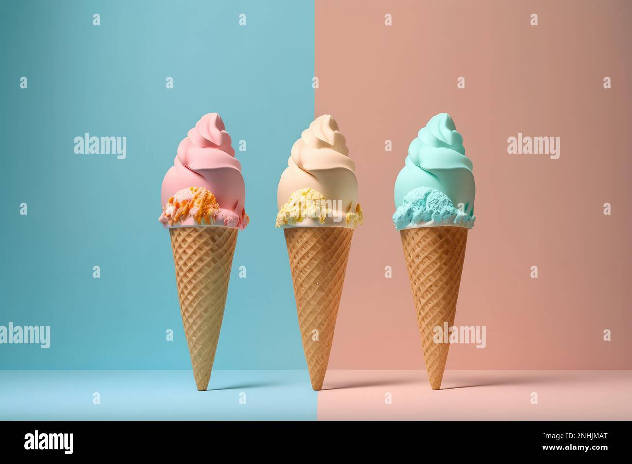 Three colorful ice crem cones on half blue half pink background