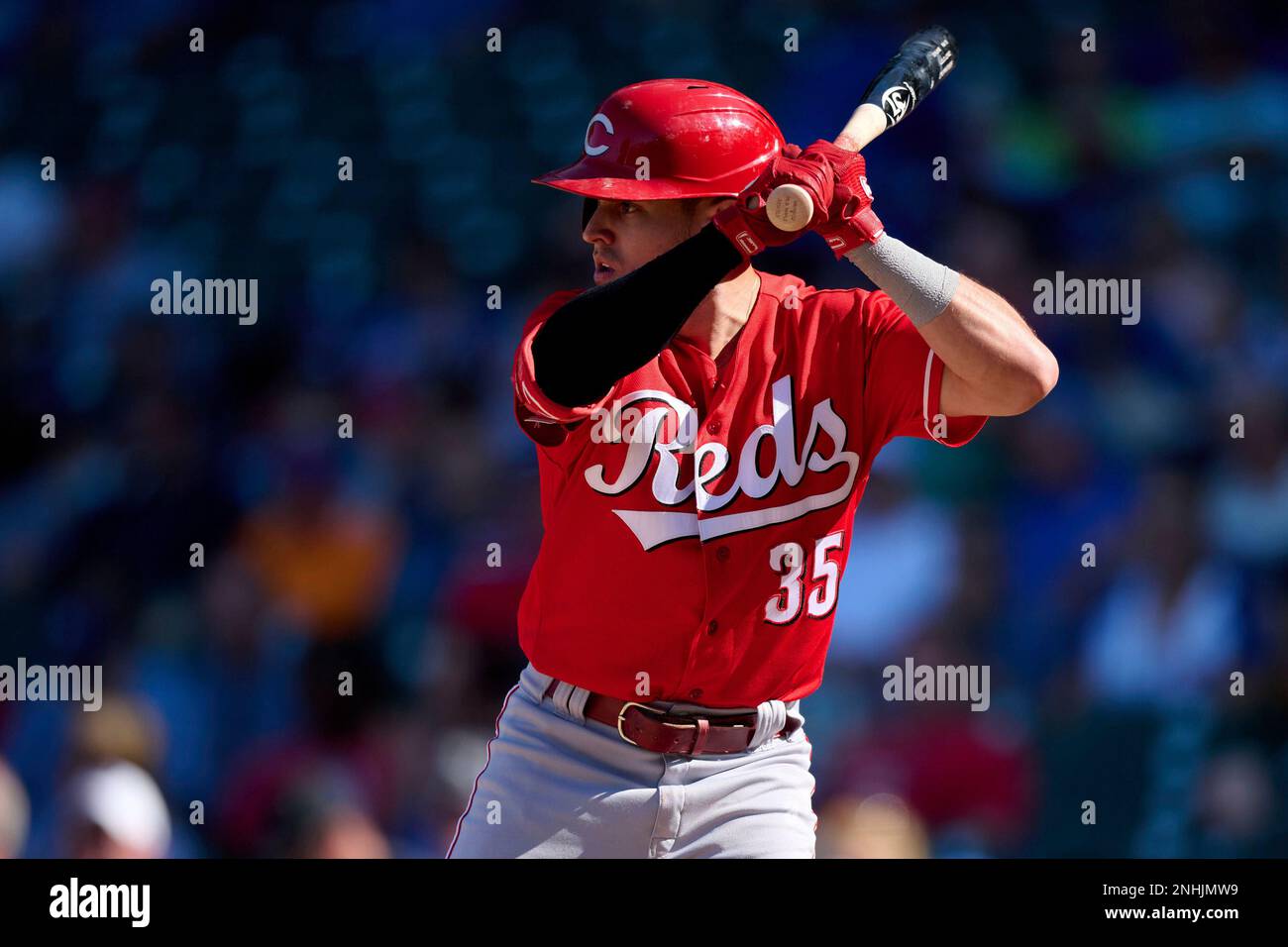 Cincinnati Reds Alejo Lopez (35) bats during a Major League Baseball game  against the Chicago Cubs on September 8, 2022 at Wrigley Field in Chicago,  Illinois. (Mike Janes/Four Seam Images via AP