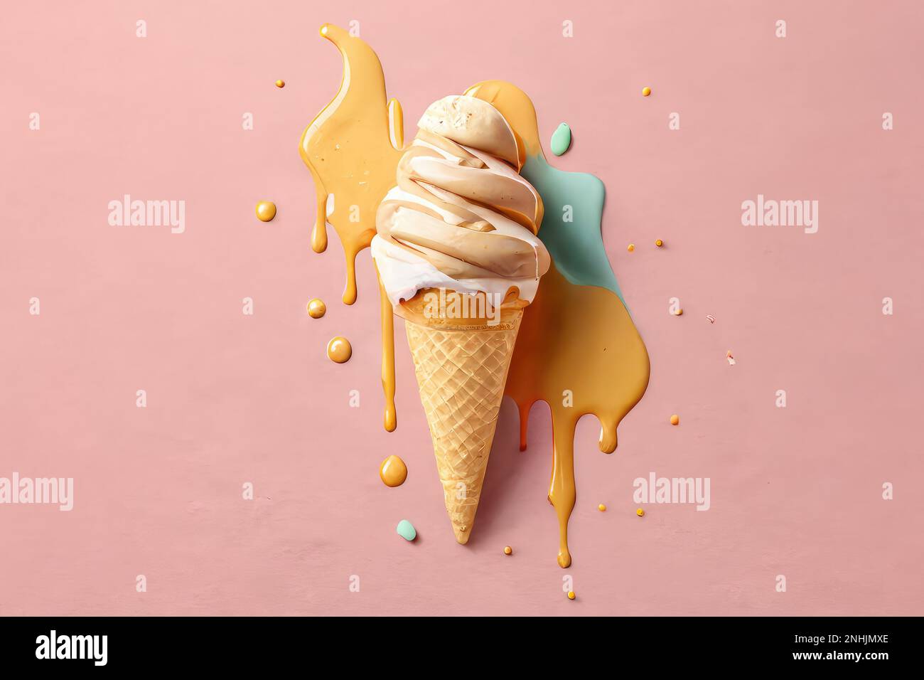 Peanut butter ice cream cone illustration melting on a pink background