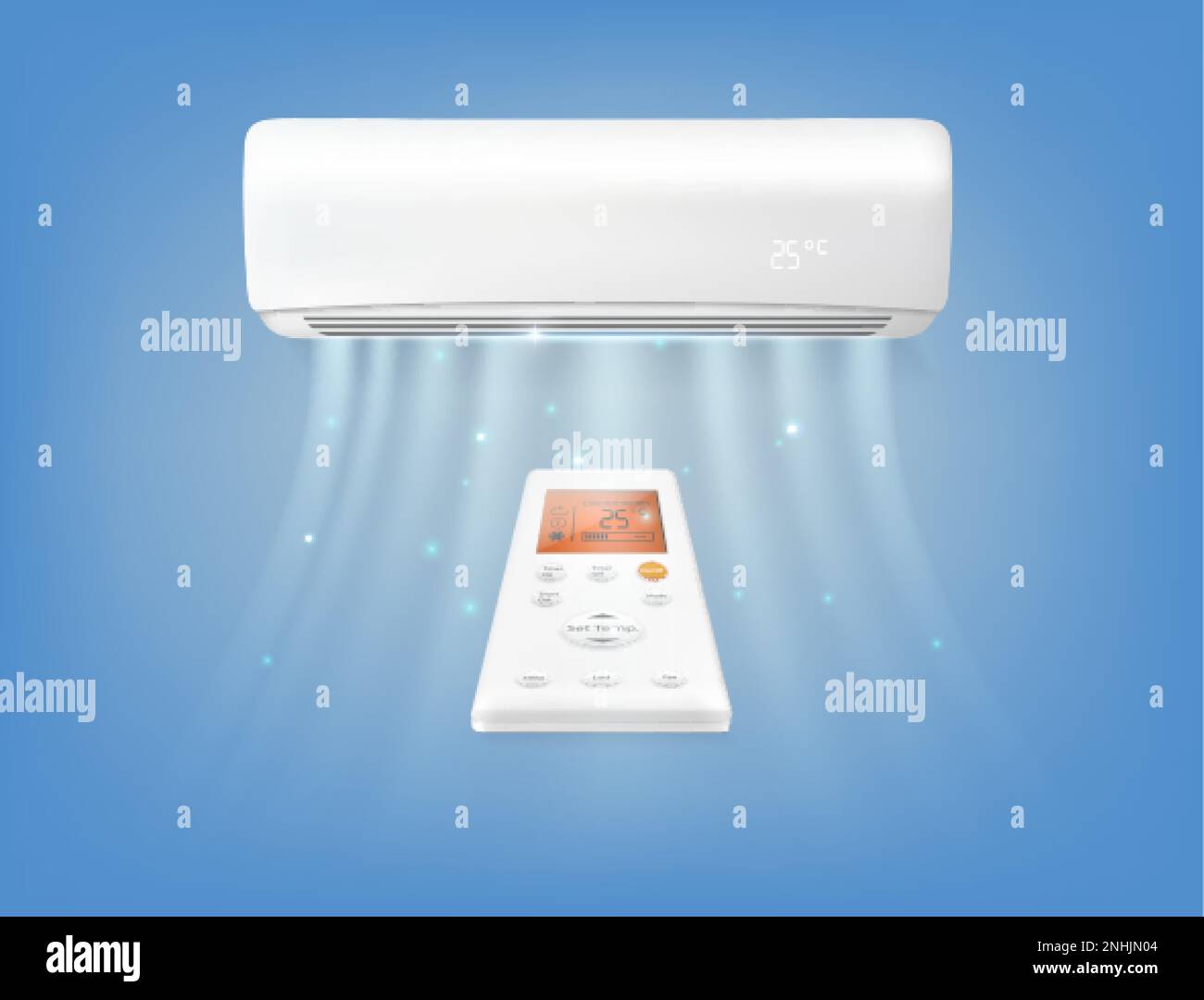 Air conditioner blowing cold air with remote realistic composition on