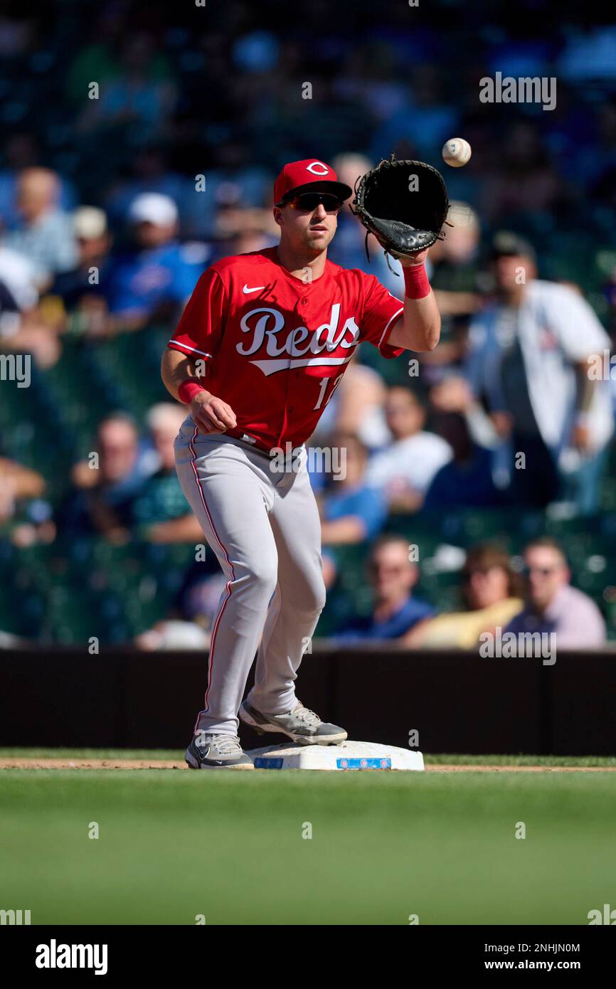 Cincinnati Reds first baseman Spencer Steer (7) leaves the dugout during a  baseball game against the Washington Nationals Friday, Aug. 4, 2023, in  Cincinnati. (AP Photo/Jeff Dean Stock Photo - Alamy