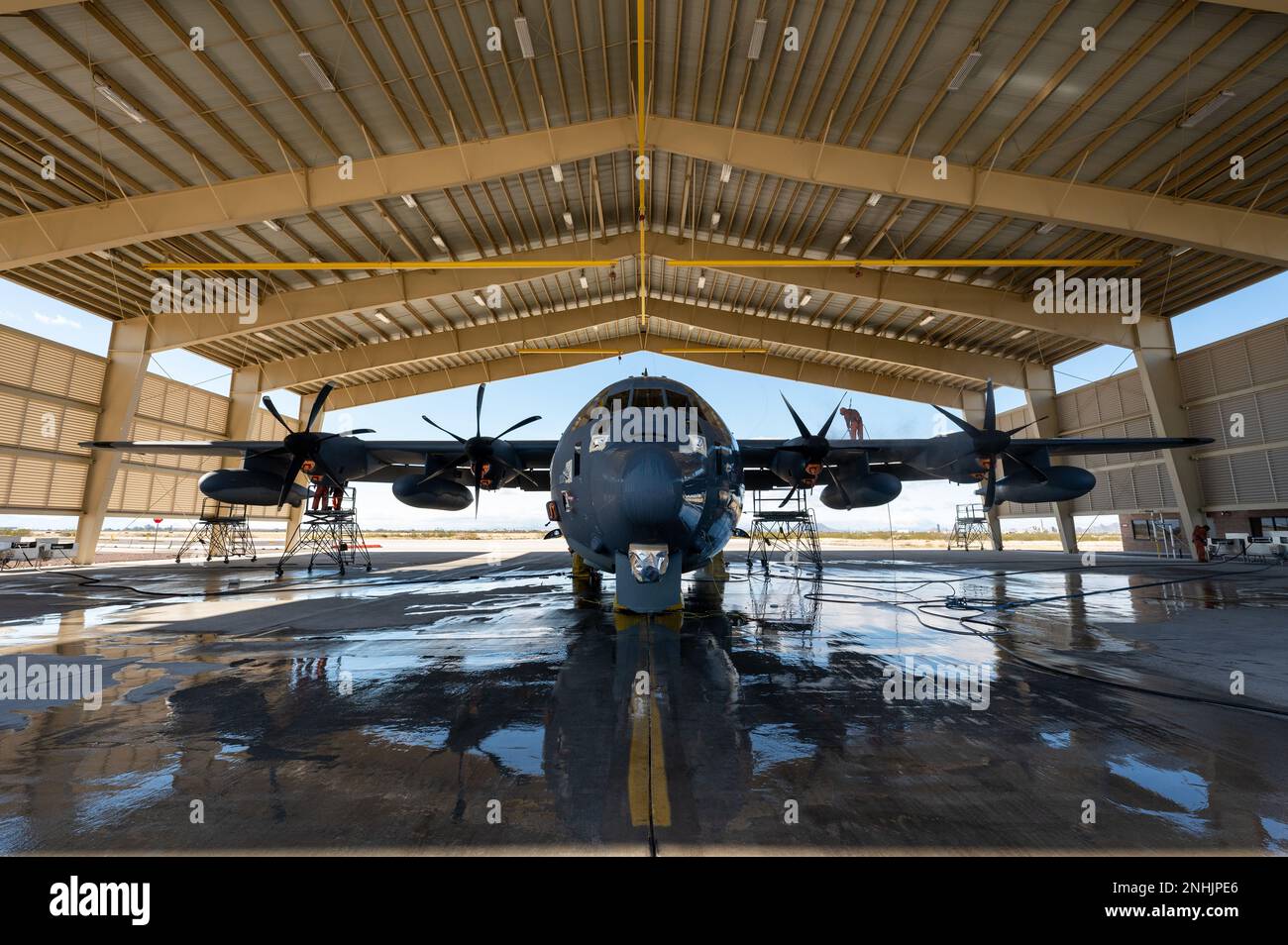 A U.S. Air Force HC-130J Combat King II gets washed by the 79th Rescue Generation Squadron at Davis-Monthan Air Force Base, Ariz., Feb. 14, 2023. Washing the aircraft prolongs the life, improves its performance and ensures it is combat ready.  (U.S. Air Force photo by Airman 1st Class Jhade Herrera) Stock Photo