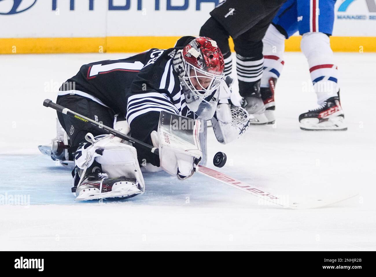 New Jersey Devils goaltender Vitek Vanecek celebrates with John Marino (6)  after defeating the Washington Capitals in an NHL hockey game Saturday,  Nov. 26, 2022, in Newark, N.J. (AP Photo/Adam Hunger Stock