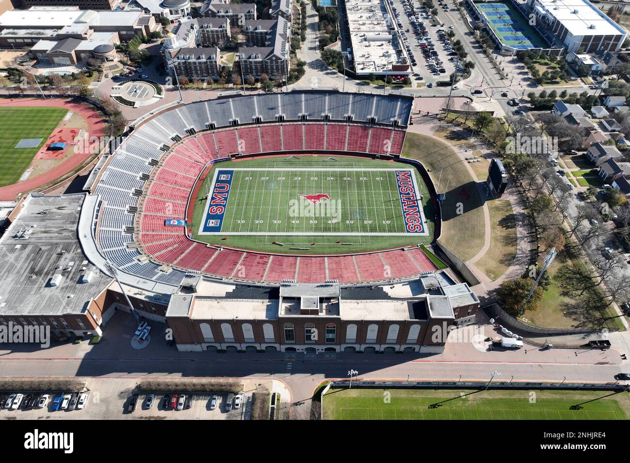 A general overall aerial view of Gerald J. Ford Stadium at Southern Methodist University